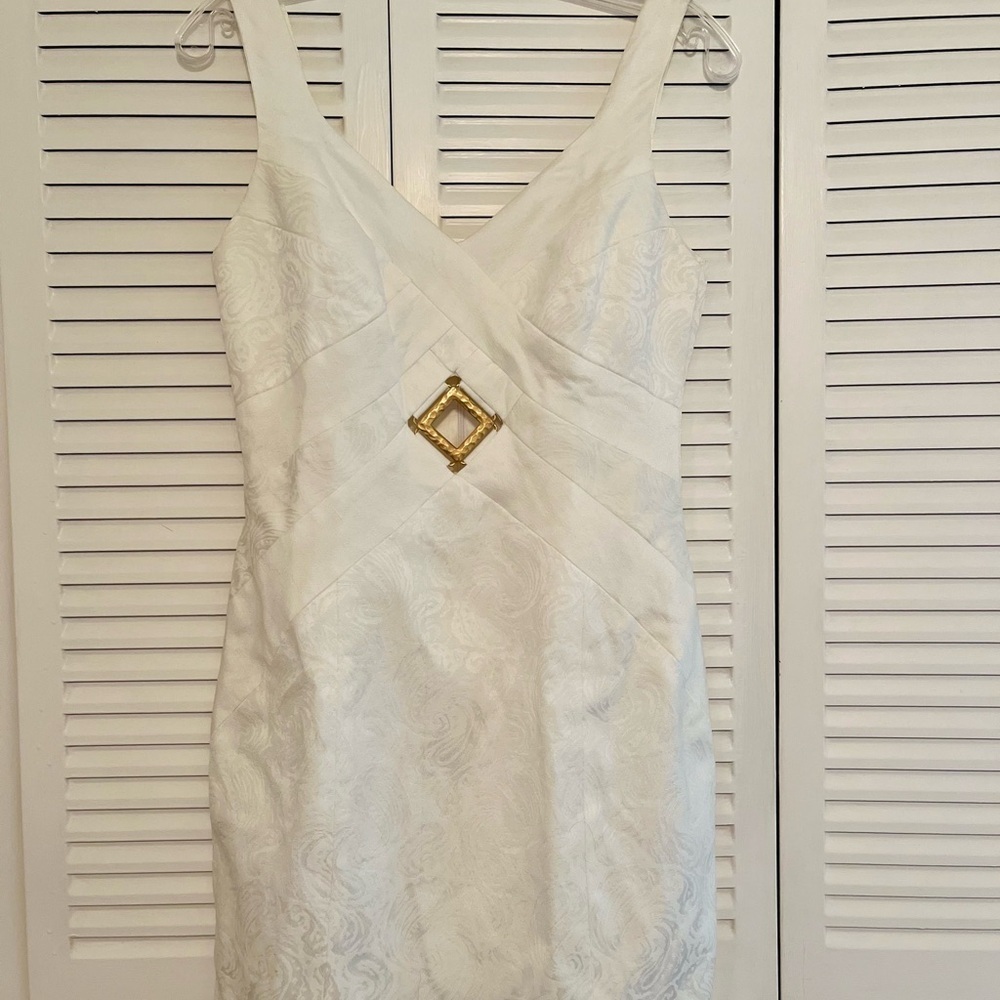 Vintage 90s Dress Sheath Linda Segal Cream Jaquard Matte Gold Keyhole Bust 4-6 - Picture 6 of 7